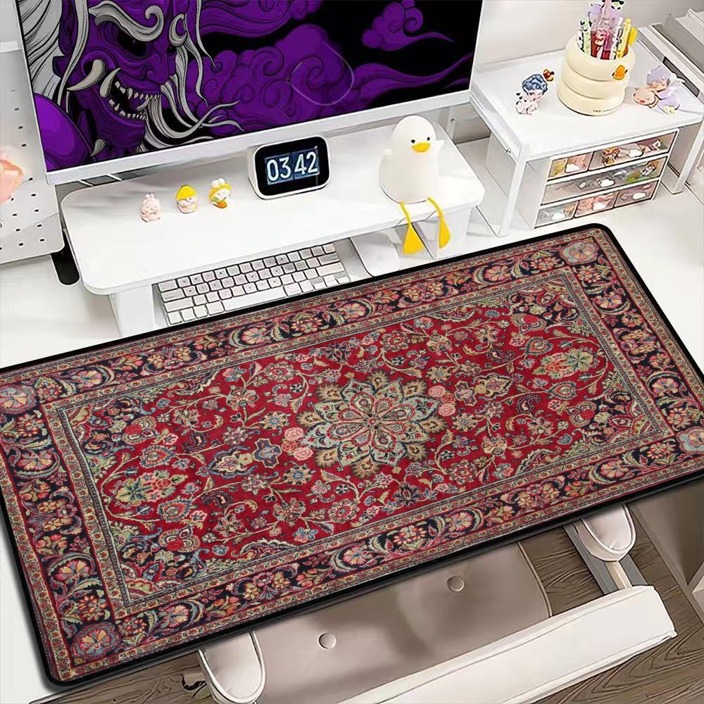 Retro Gaming Rug - แผ่นรองเมาส์ลายพรมเปอร์เซียโบราณขนาดใหญ่, แผ่นรองโต๊ะกันลื่น, แผ่นรองคีย์บอร์ดเกมมิ่งลายพรมตะวันออกแบบเรโทรสำหรับสำนักงาน