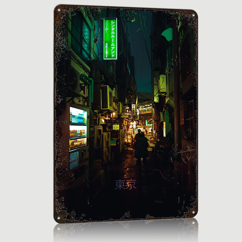 Retro Gaming Tokyo - โตเกียวแบ็คสตรีท โปสเตอร์พิมพ์ลายข้อความ งานศิลปะติดผนังสไตล์เรโทร ป้ายโลหะวินเทจ สำหรับตกแต่งห้อง สำนักงาน