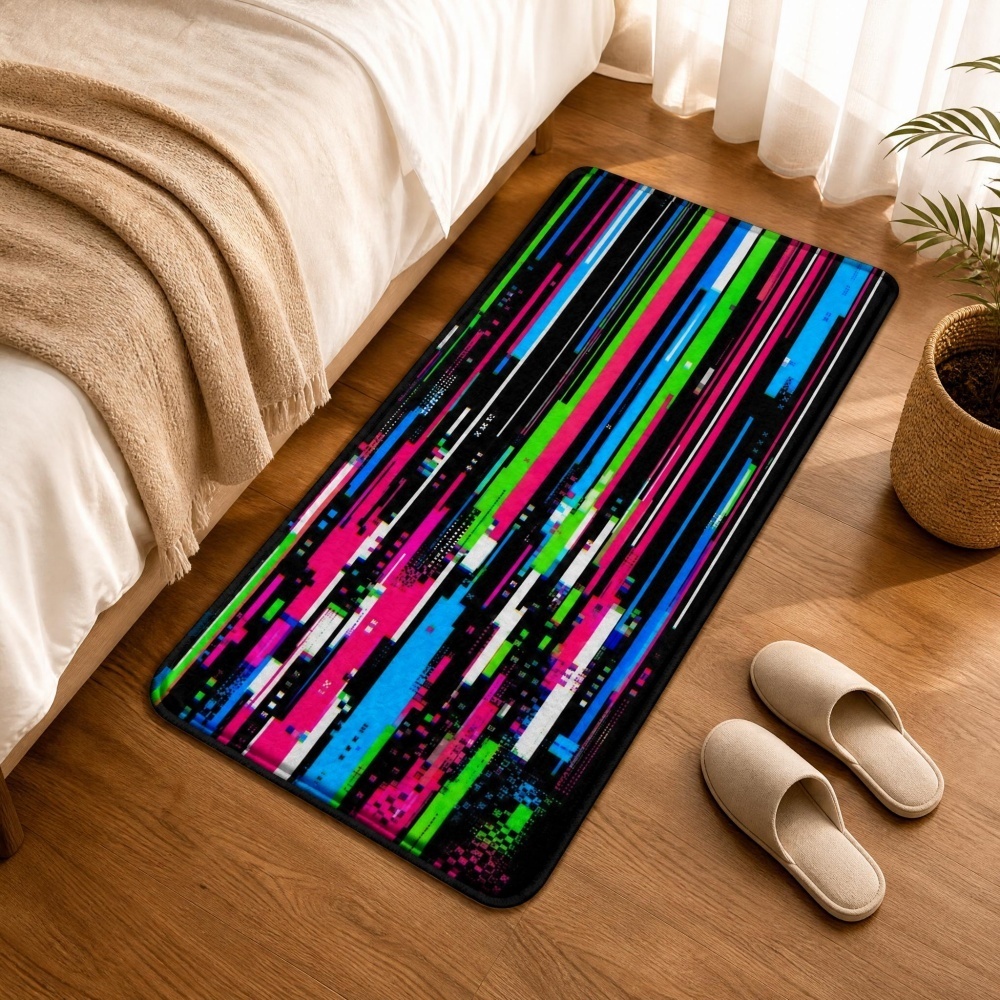 Retro Gaming Rug - พรมปูพื้นลายทางแนวตั้งสีสันสดใสสไตล์ไซเบอร์พังค์, พรมกันลื่นลายพิกเซลเกมย้อนยุคสำหรับข้างเตียง, พรมตกแต่ง