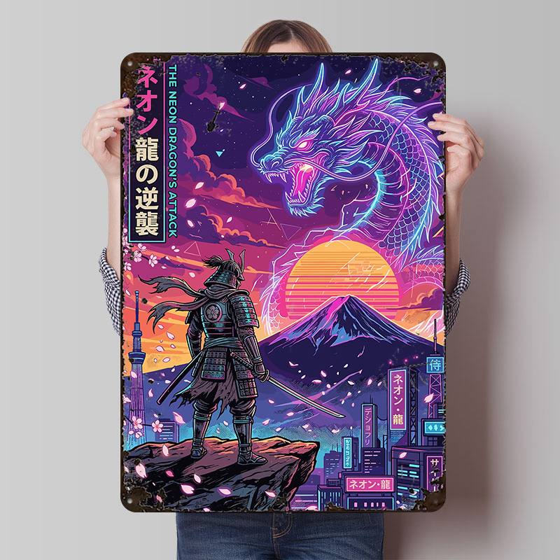 Retro Gaming Tokyo - ซามูไรปะทะนีออนดราก้อนในไซเบอร์พังค์โตเกียว โปสเตอร์โลหะวินเทจแบบกำหนดเอง ป้ายโลหะติดผนัง ศิลปะย้อนยุค แผ่นโลหะตกแต่งสำหรับเกม