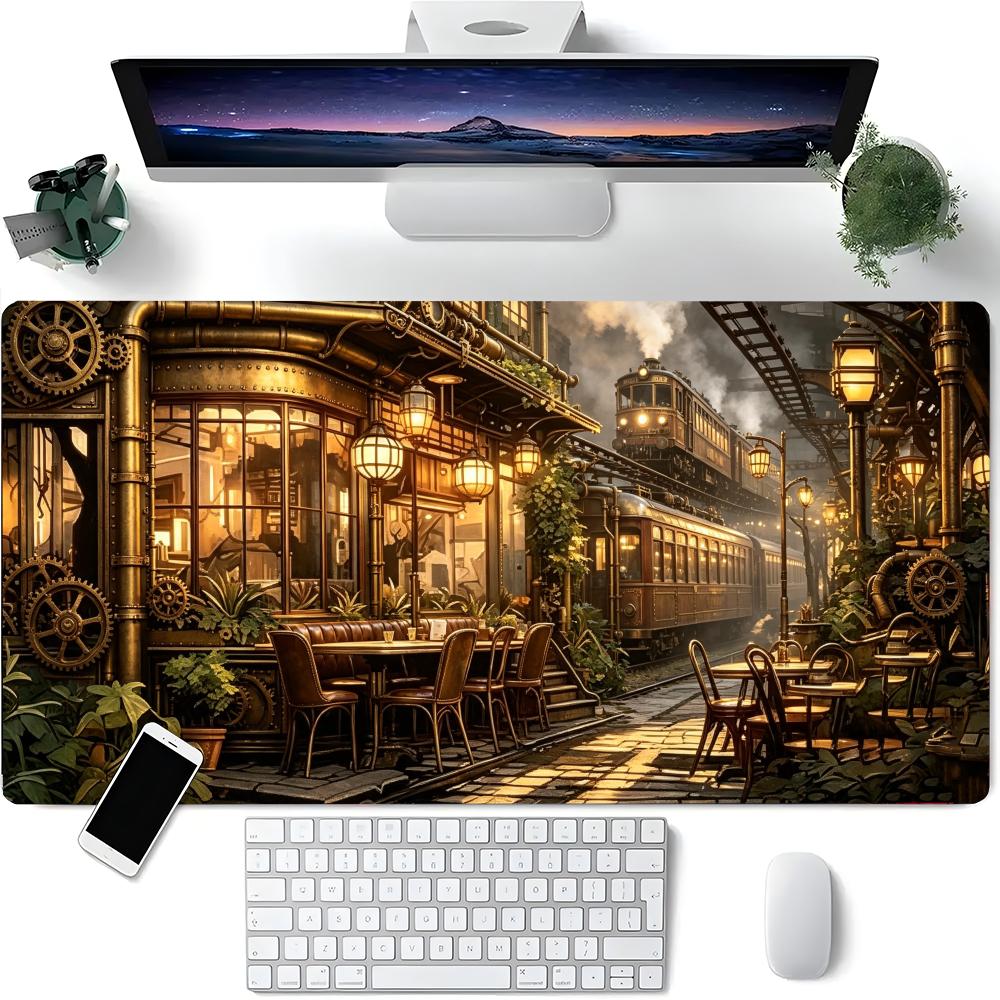 Retro Gaming Laptop - แผ่นรองโต๊ะทำงานสไตล์สถานีรถไฟย้อนยุค อุปกรณ์เสริมสำหรับการเรียนและทำงาน พร้อมโคมไฟทองเหลืองและแผ่นรองเมาส์สำหรับใช้งานกลางแจ้ง