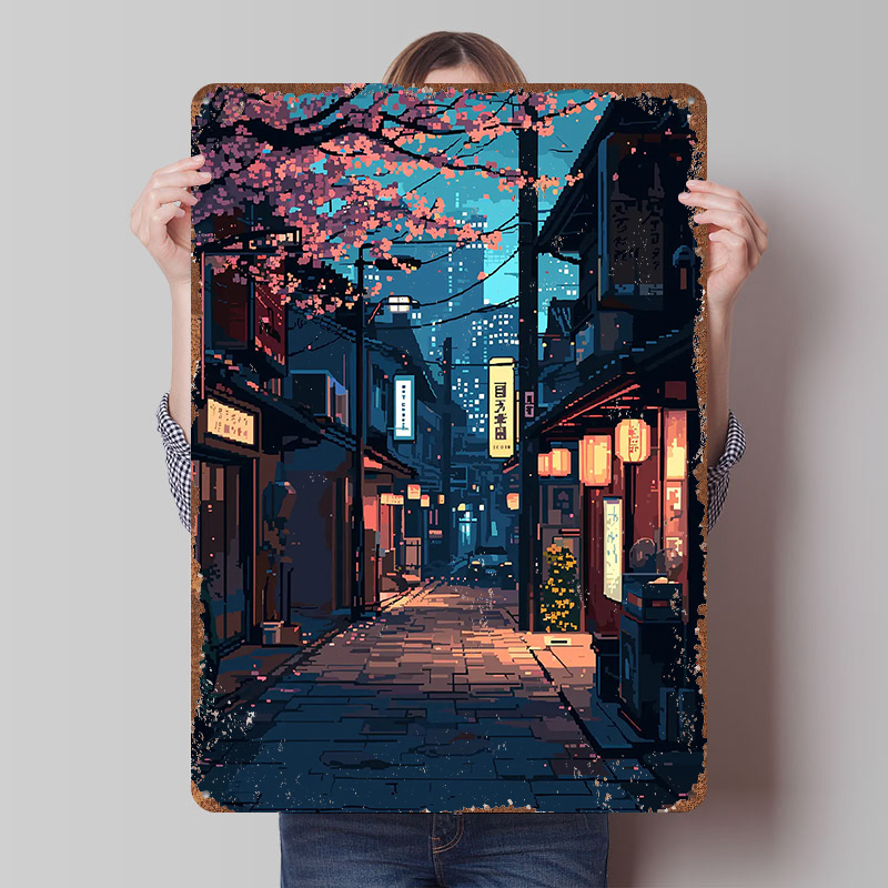 Retro Gaming Tokyo - ป้ายโลหะตกแต่งผนังลายพิกเซลอาร์ต โตเกียว ญี่ปุ่น แบบกำหนดเอง สไตล์เรโทร วินเทจ