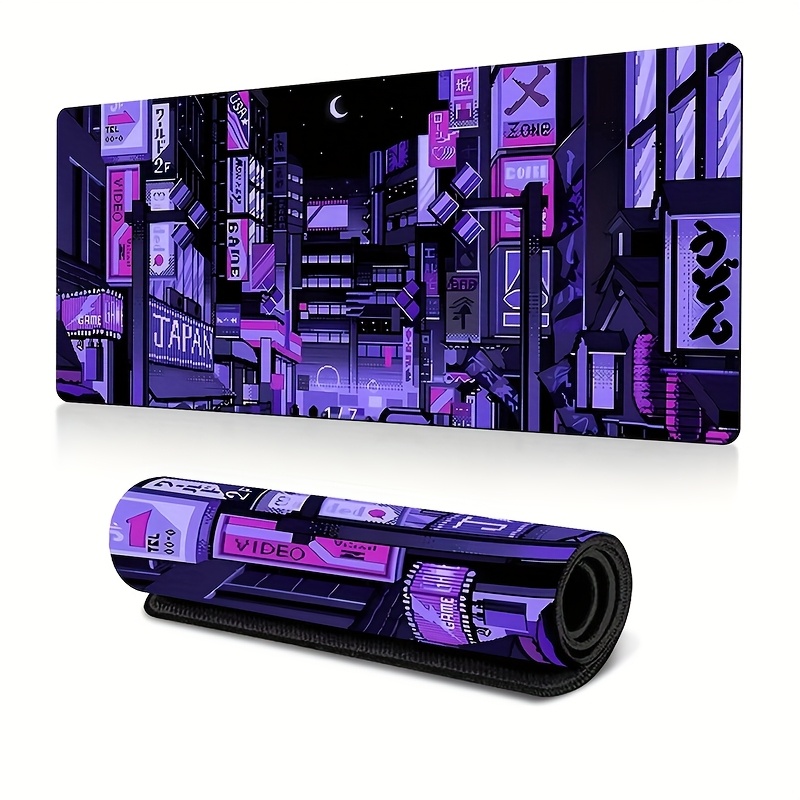 Retro Gaming Tokyo - แผ่นรองโต๊ะ XXL ลายถนนโตเกียว, แผ่นรองเมาส์เกมมิ่งลายอนิเมะย้อนยุคสีม่วงสดใส, แผ่นรองโต๊ะยางกันลื่น, เหมาะสำหรับใช้ในบ้านและการเล่นเกม