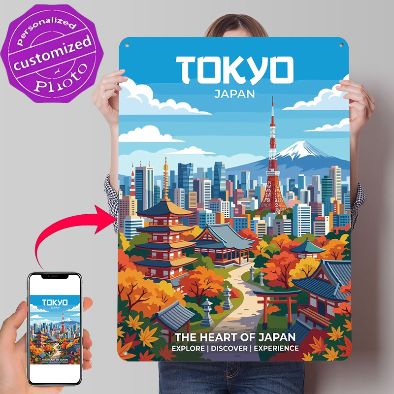 Retro Gaming Tokyo - ภาพทิวทัศน์เมืองโตเกียวพร้อมภูเขาไฟฟูจิ โปสเตอร์พิมพ์ลาย ศิลปะตกแต่งผนังแบบกำหนดเอง ป้ายโลหะสไตล์เรโทรวินเทจ สำหรับตกแต่งห้องเล่นเกม บรรยากาศอบอุ่น