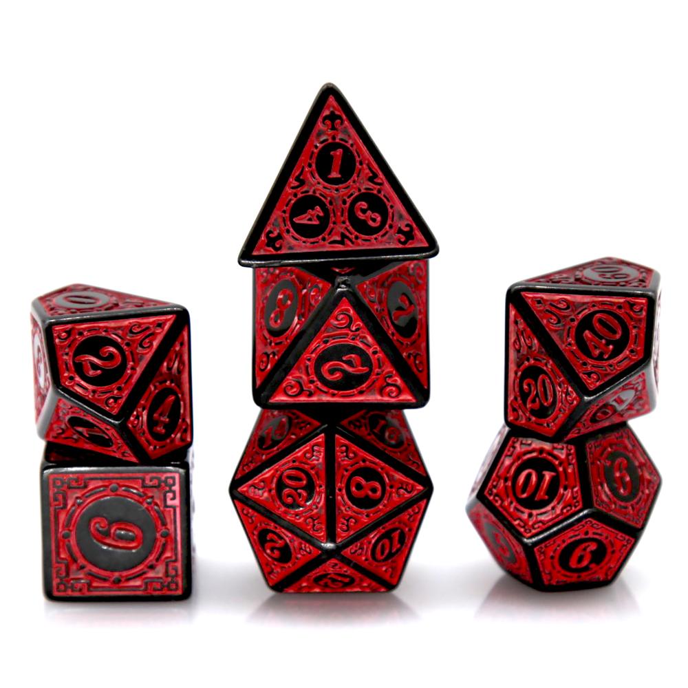 Retro Gaming Table - 7 ชิ้นสีดำสีแดงอะคริลิคโพลีเฮดรัลชุดลูกเต๋ารูปแบบย้อนยุค DND RPG ลูกเต๋าสำหรับเกมกระดานเล่นตามบทบาทบนโต๊ะอุปกรณ์เสริม